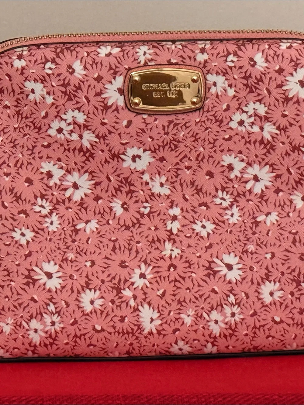 Michael Kors Pink White Floral Cosmetic Pouch with Gold Plate
